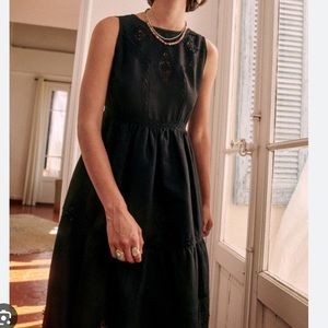 NWT Sezane zarri Embroidered linen black dress size 8
